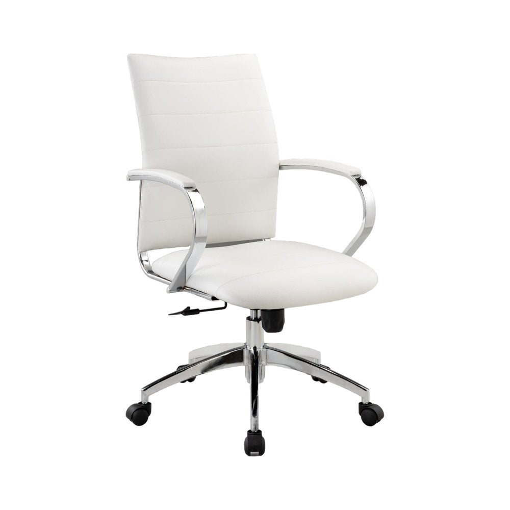 White and Silver Adjustable Height Swivel Rolling Office Chair on a white background