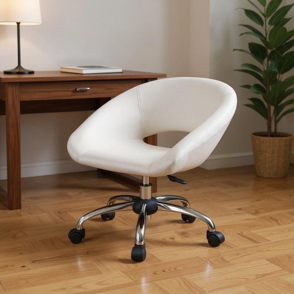 White and Silver Faux Leather Adjustable Height Swivel Rolling Office Chair - 26" H x 25" W x 21" D