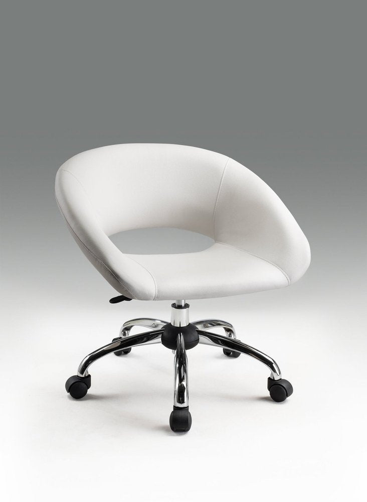 White swivel office chair with a round seat and chrome base with wheels on a grey background.