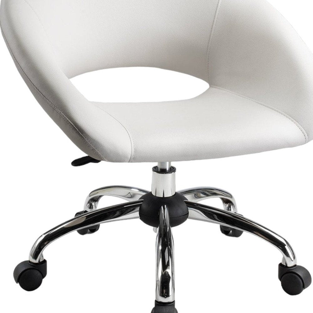 White and Silver Faux Leather Adjustable Height Swivel Rolling Office Chair - 26" H x 25" W x 21" D on a white background