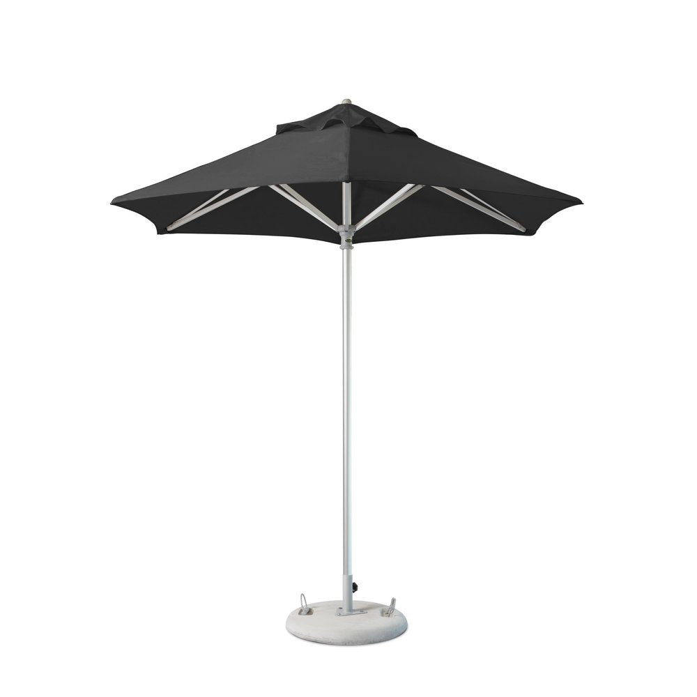 Black polyester market patio umbrella with a silver pole and a round concrete base on a white background.