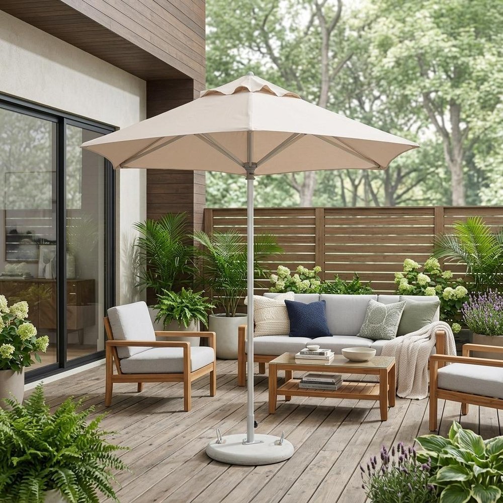 9' Ecru Polyester Round Market Patio Umbrella