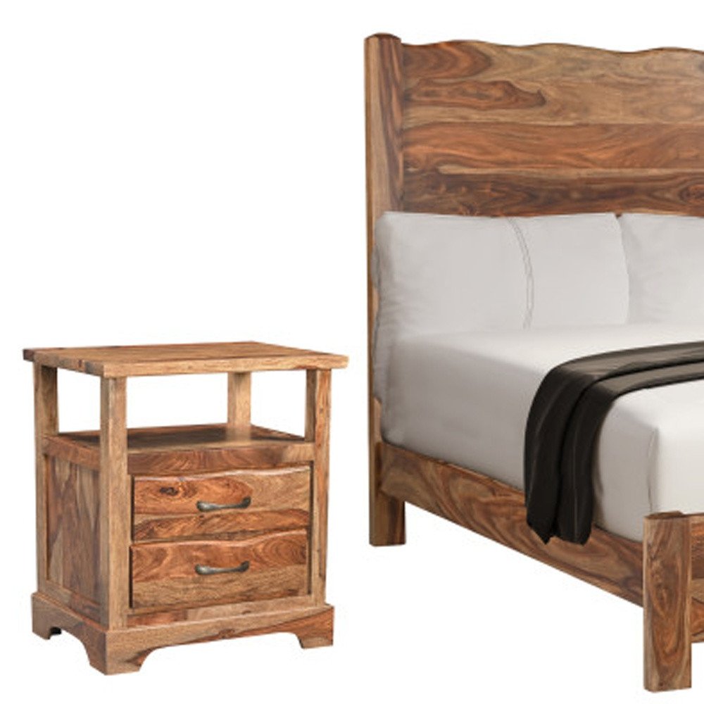 Three Piece Brown Solid Wood Bedroom Set on a white background