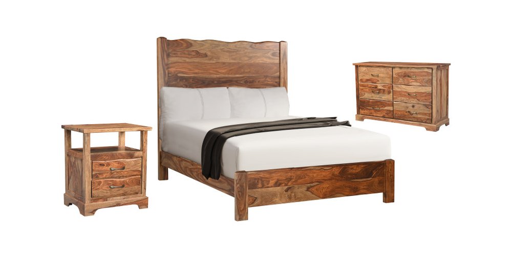 Three Piece Brown Solid Wood Bedroom Set on a white background
