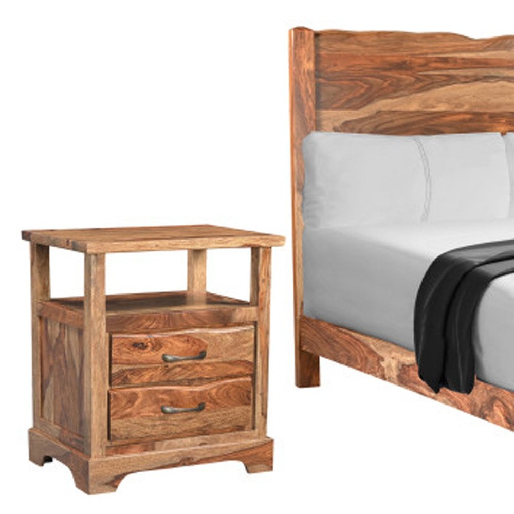 Three Piece Brown Solid Wood Bedroom Set on a white background