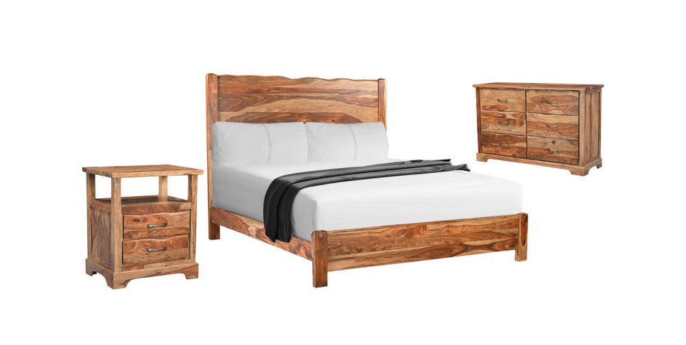 Brown solid wood bedroom set with a bed, nightstand, and dresser against a white background.