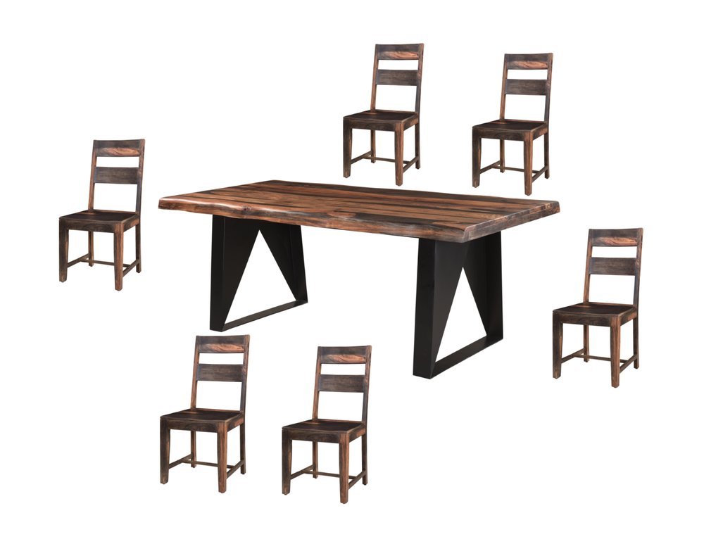 Seven Piece Brown and Black Solid Wood Dining Set with Six Chairs on a white background