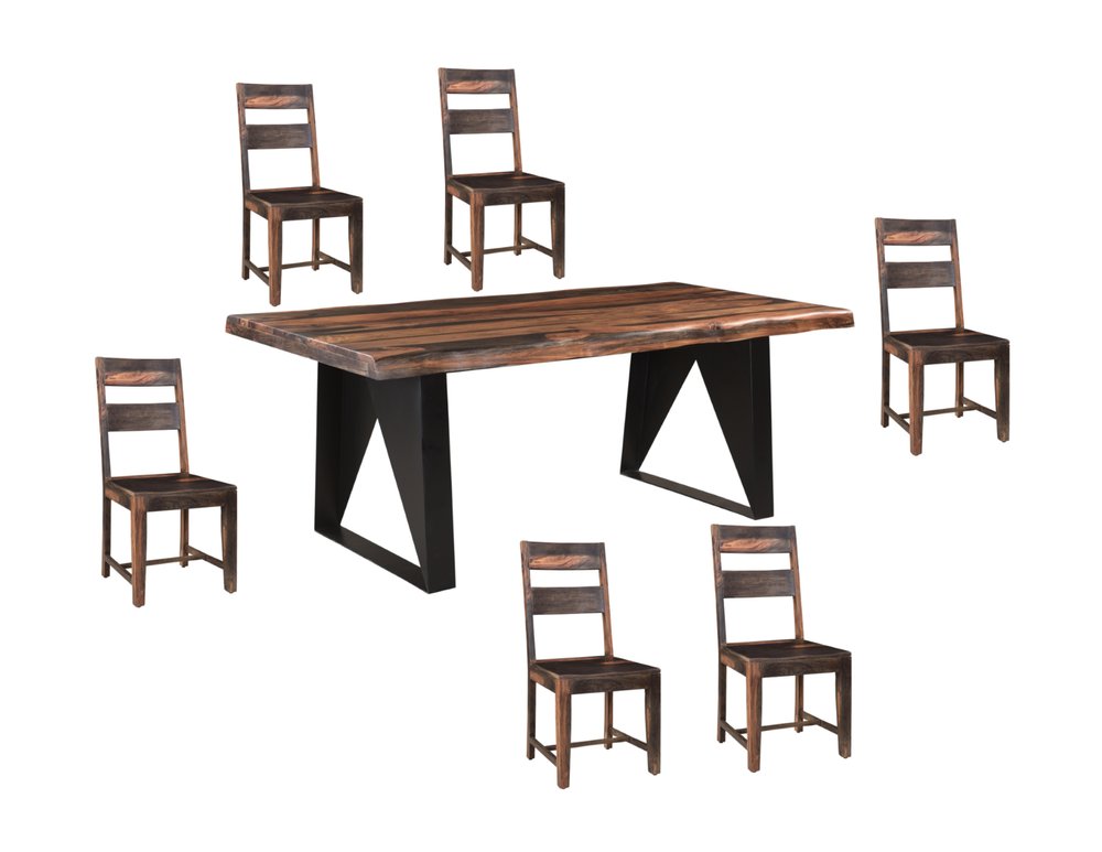 Seven piece dining set with a solid wood table and six chairs in brown and black on a white background.