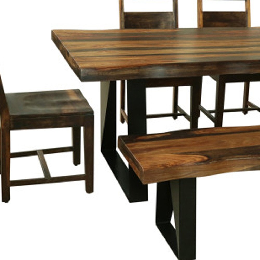 Six Piece Brown and Black Solid Wood Dining Set with Four Chairs and One Bench on a white background