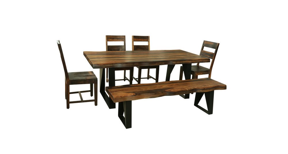 Six Piece Brown and Black Solid Wood Dining Set with Four Chairs and One Bench on a white background