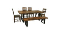 Six Piece Brown and Black Solid Wood Dining Set with Four Chairs and One Bench on a white background