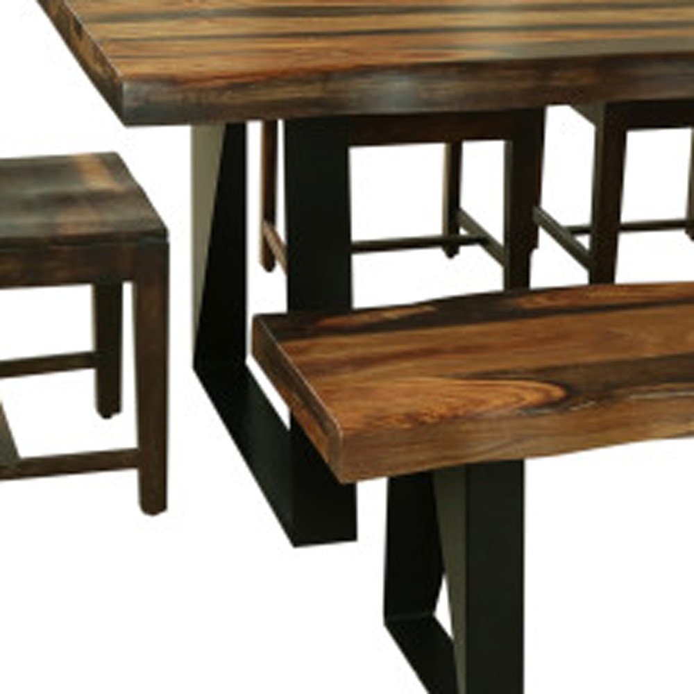 Six Piece Brown and Black Solid Wood Dining Set with Four Chairs and One Bench on a white background