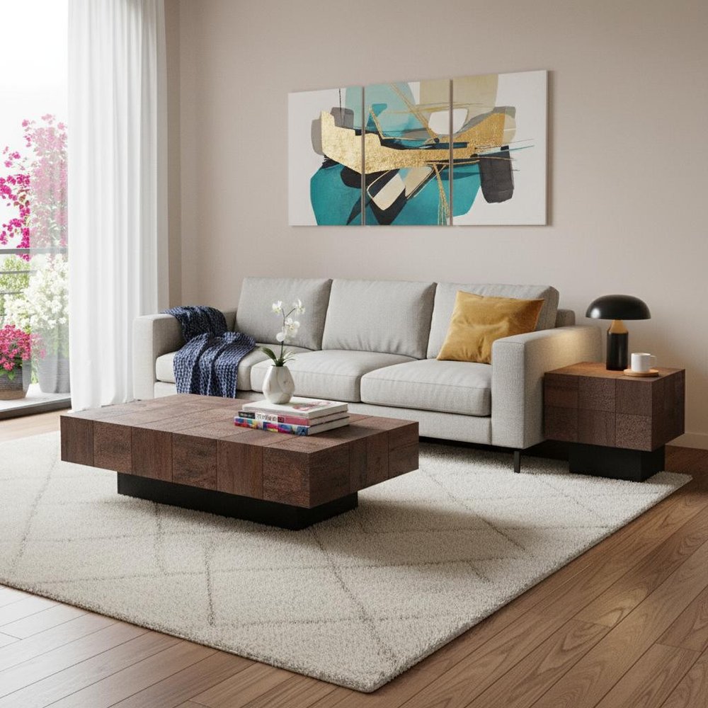 Set Of Two Natural and Brown Solid Wood Block Coffee Table in a home interior