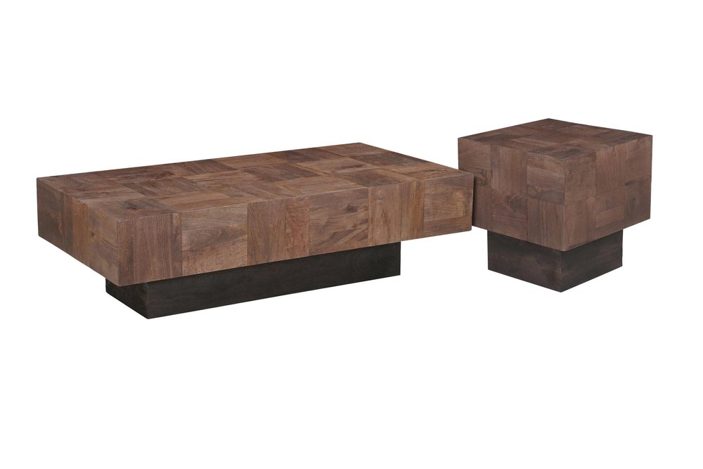 Set Of Two Natural and Brown Solid Wood Block Coffee Table on a white background