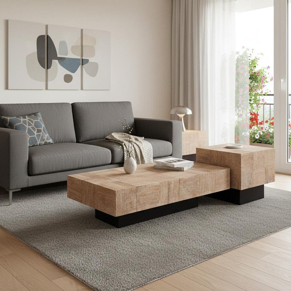 Set Of Two Natural and Brown Solid Wood Block Coffee Table in a home interior