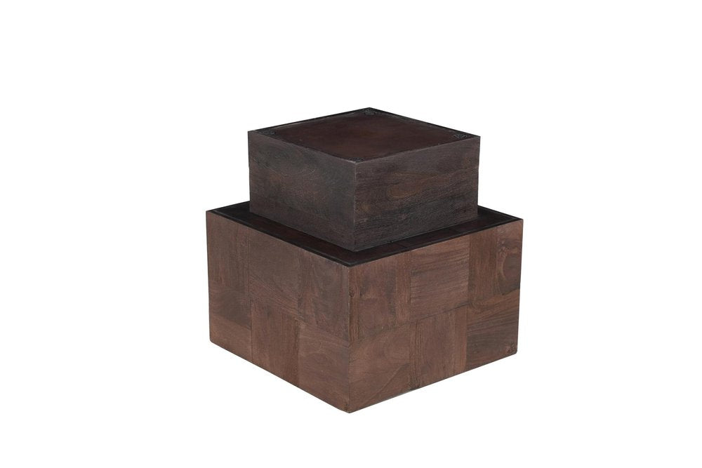 Set Of Two Natural and Brown Solid Wood Square Block Coffee Table on a white background