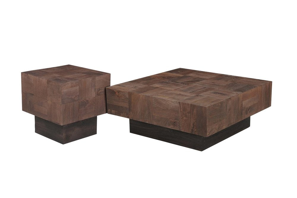 Set Of Two Natural and Brown Solid Wood Square Block Coffee Table on a white background