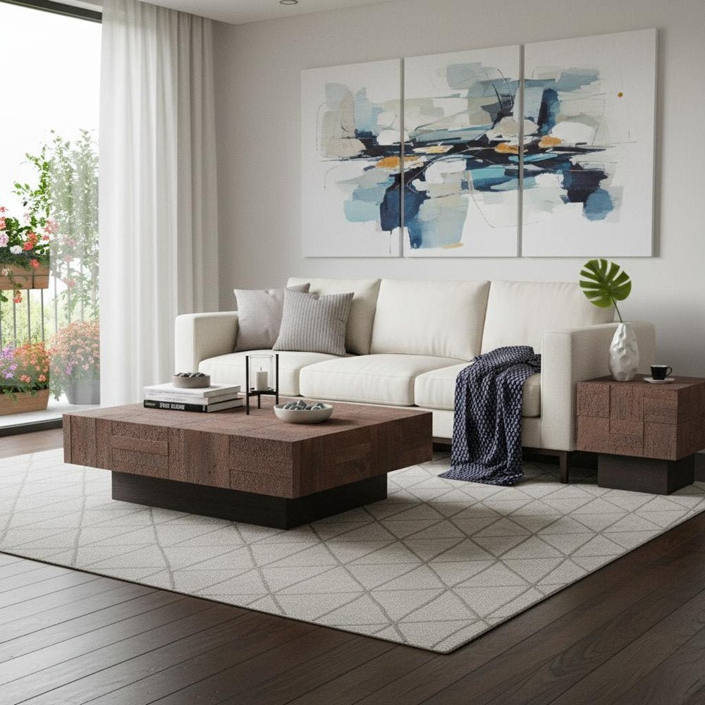 Set Of Two Natural and Brown Solid Wood Square Block Coffee Table