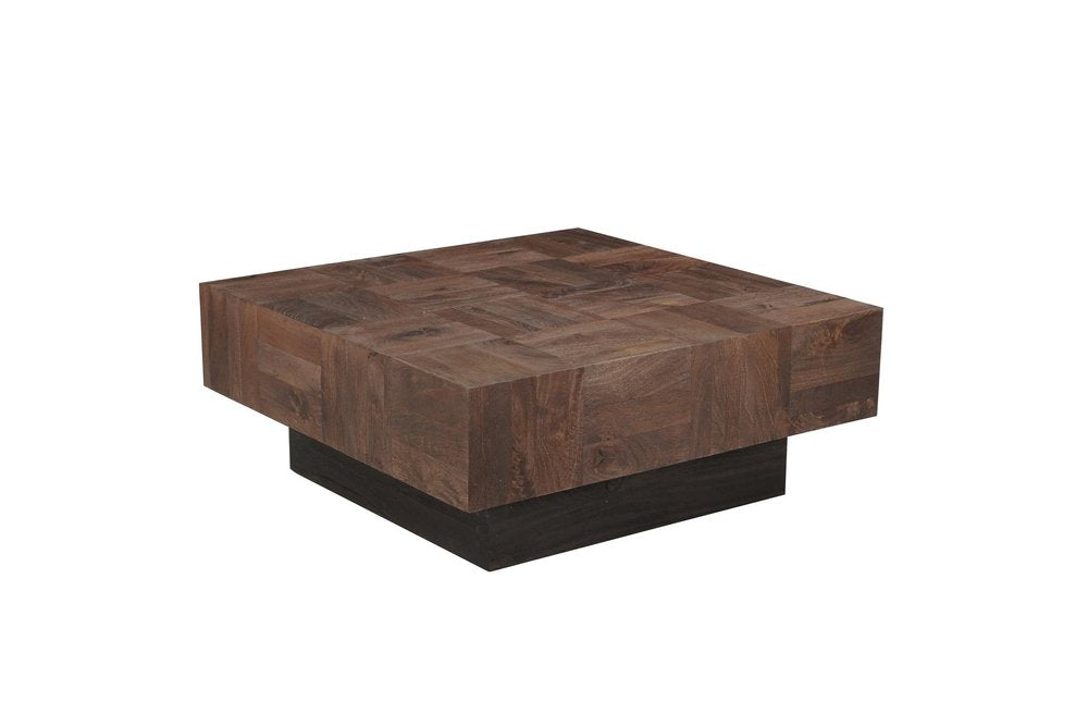 Square coffee table with a dark wood block top and a dark wood base on a white background.