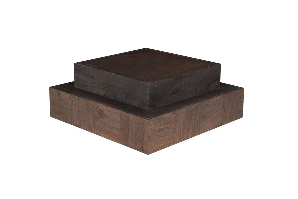 Set Of Two Natural and Brown Solid Wood Square Block Coffee Table