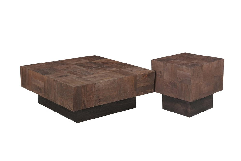 Set Of Two Natural and Brown Solid Wood Square Block Coffee Table on a white background