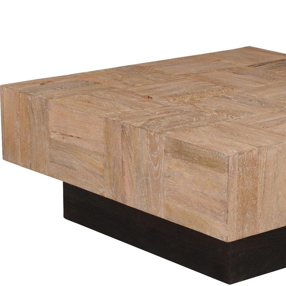 Set Of Two Natural and Dark Brown Solid Wood Square Block Coffee Table on a white background