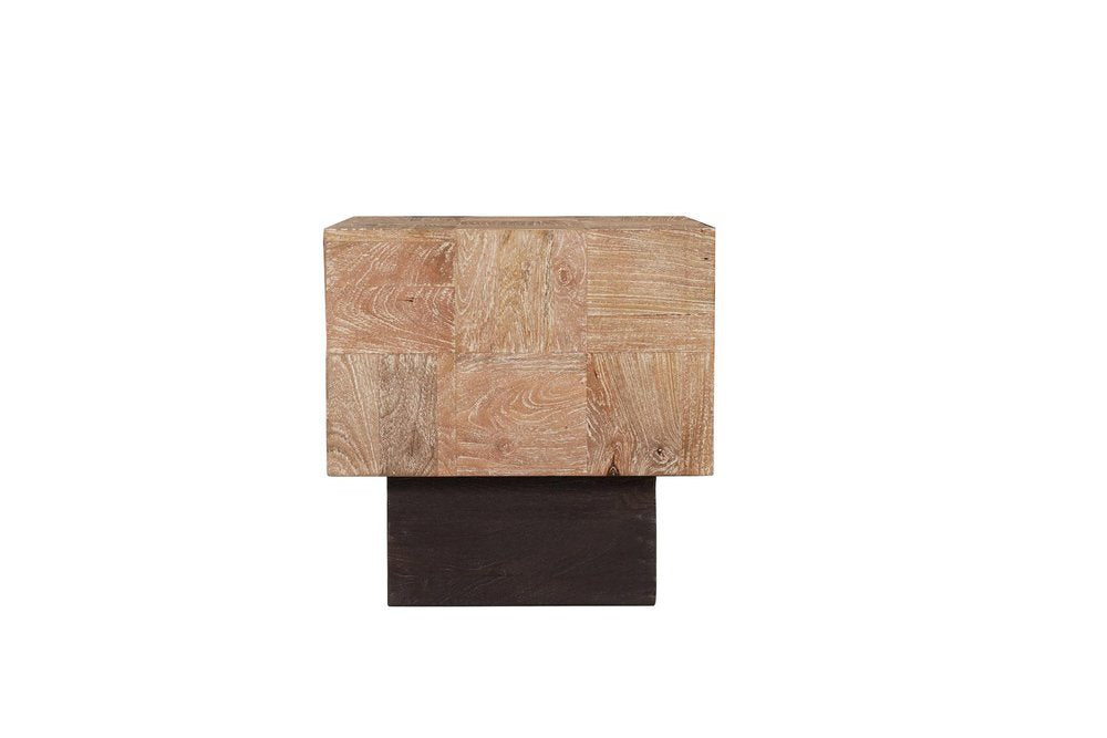 Set Of Two Natural and Dark Brown Solid Wood Square Block Coffee Table on a white background