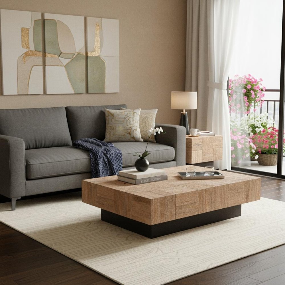 Set Of Two Natural and Dark Brown Solid Wood Square Block Coffee Table
