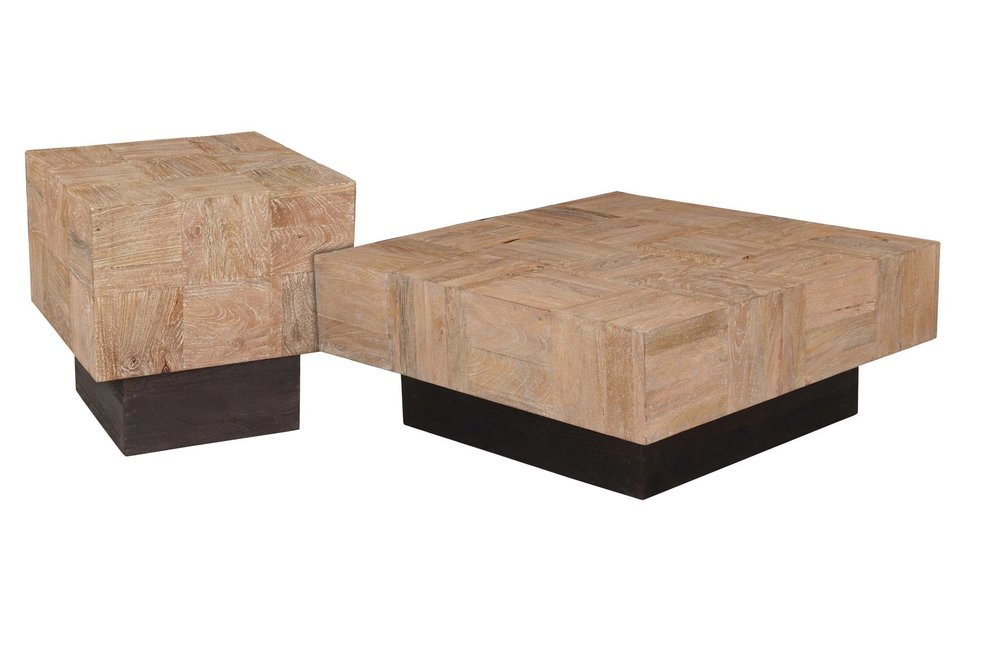 Set Of Two Natural and Dark Brown Solid Wood Square Block Coffee Table on a white background