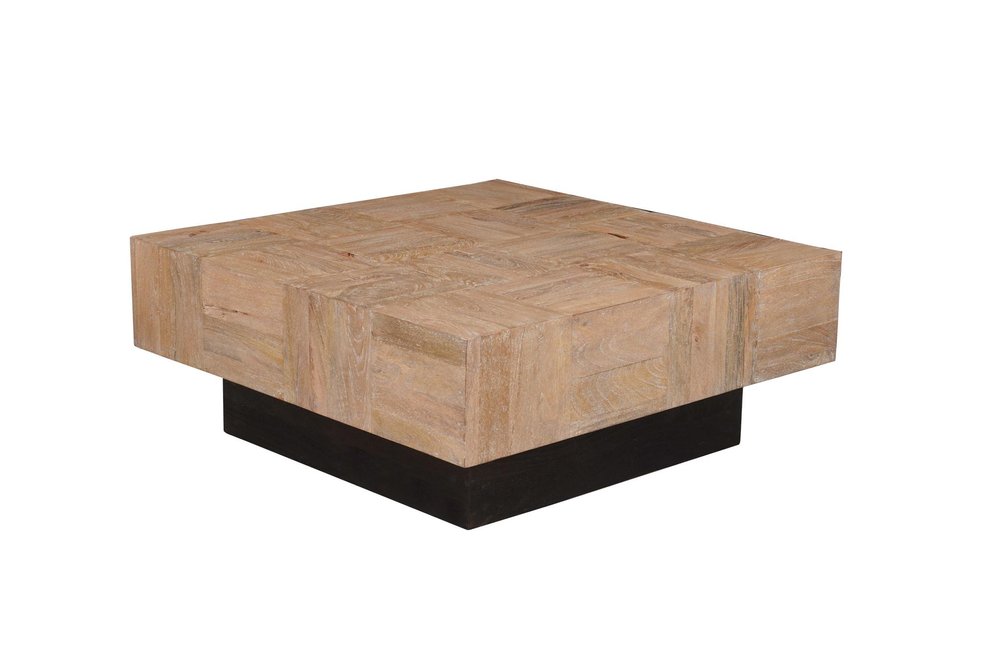 Square coffee table with a natural wood block top and dark brown solid wood base on a white background.