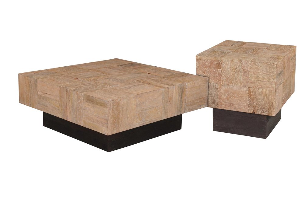 Set Of Two Natural and Dark Brown Solid Wood Square Block Coffee Table