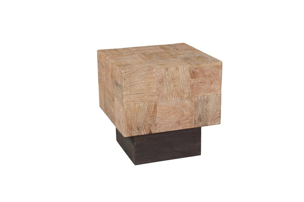 Set Of Two Natural and Dark Brown Solid Wood Square Block Coffee Table on a white background