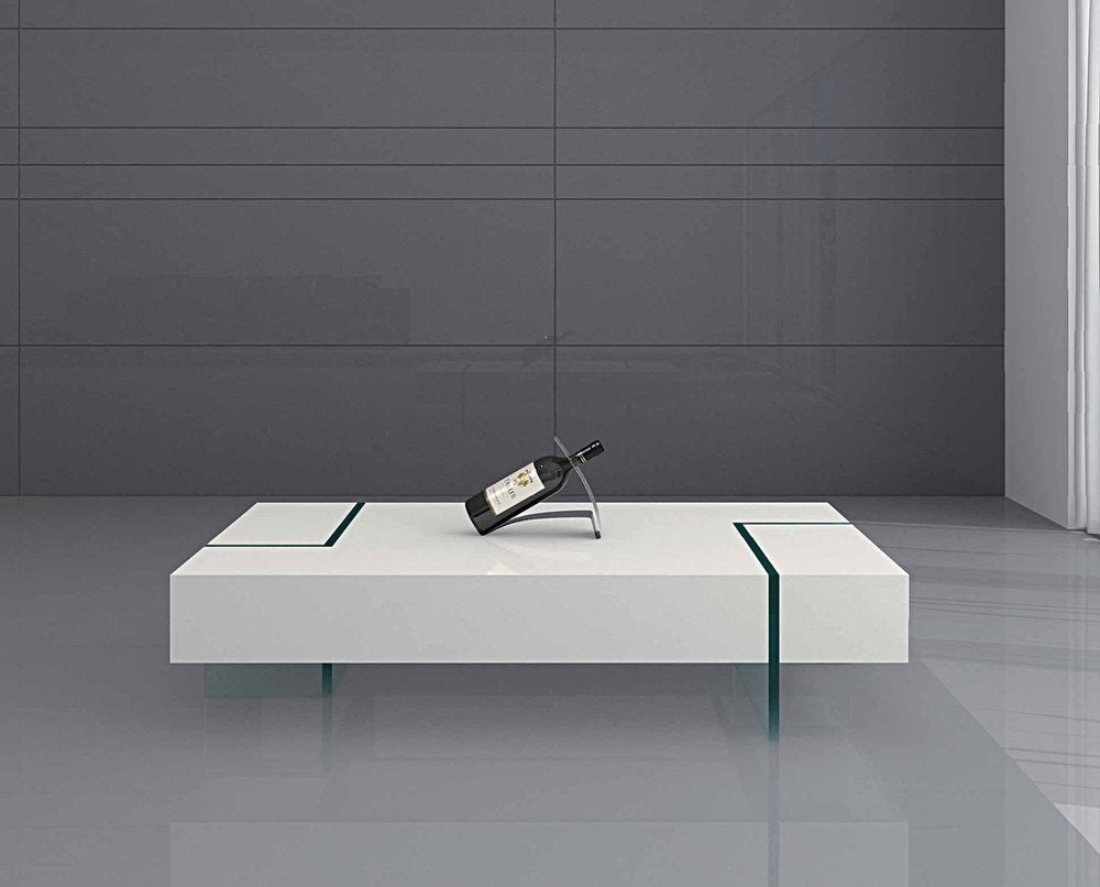 53" White And Clear Wood And Glass Sled Coffee Table. Coffee table in clear glass.