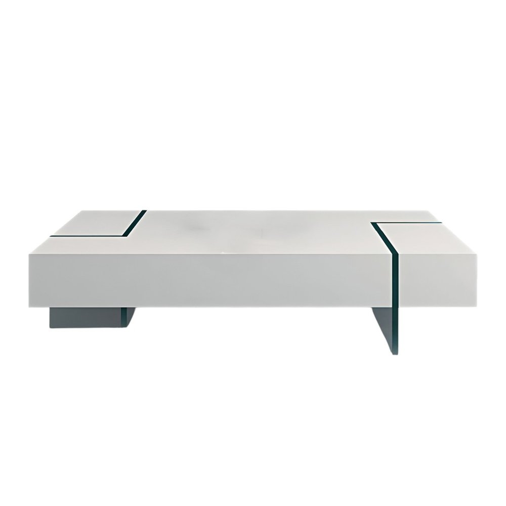 53" White And Clear Wood And Glass Sled Coffee Table. Coffee table isolated on a plain white background, finished in white glass.