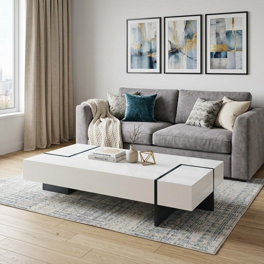 53" White And Clear Wood And Glass Sled Coffee Table