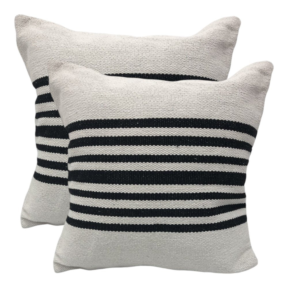 Set of Two Black and White Striped Cotton Throw Pillows on a white background