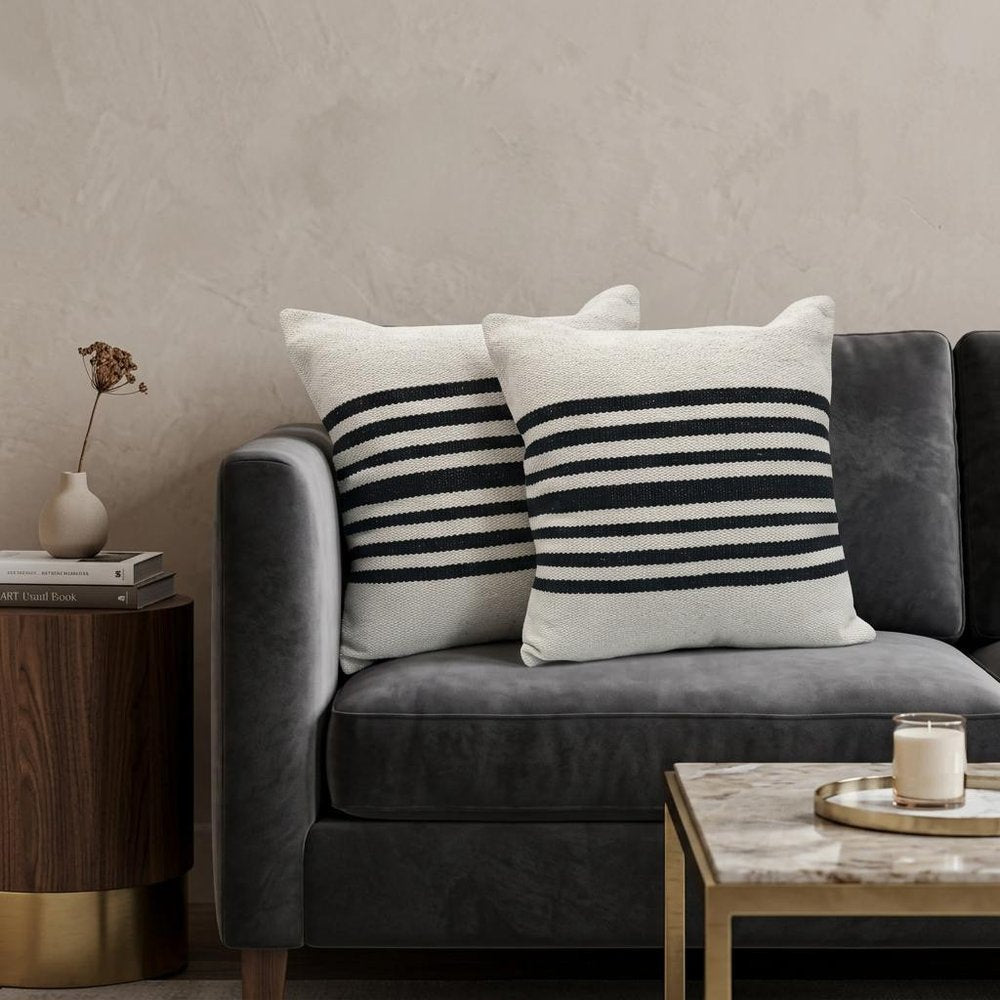 Set of Two Black and White Striped Cotton Throw Pillows in a home interior