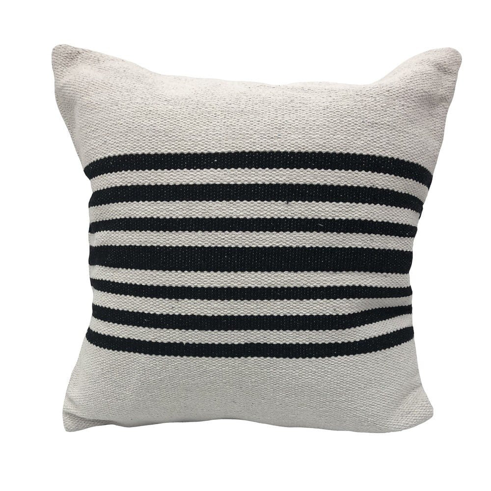 A black and white striped cotton throw pillow on a white background.