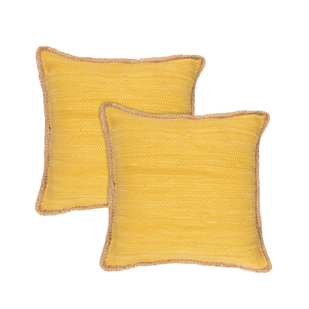 Set of Two 20" Yellow Cotton And Jute Throw Pillows with Texture on a white background