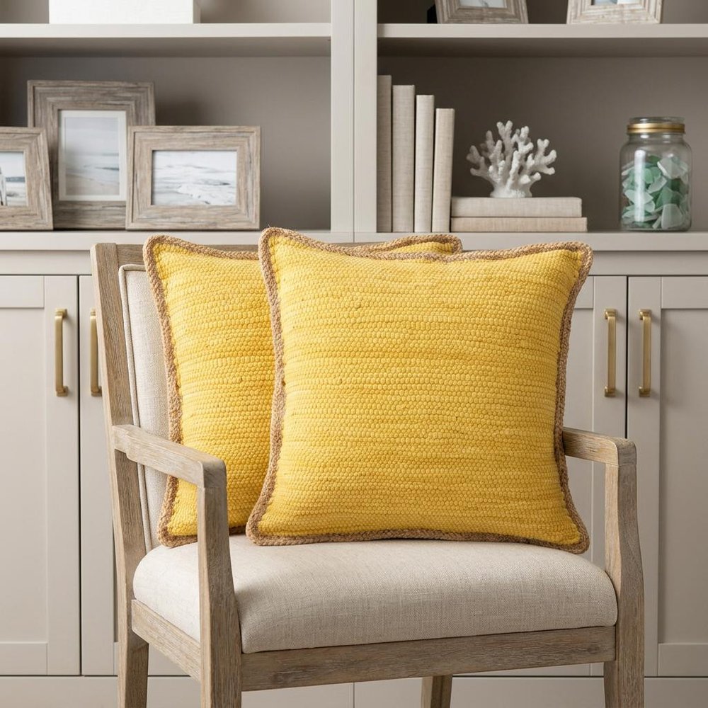 Set of Two 20" Yellow Cotton And Jute Throw Pillows with Texture in a home interior