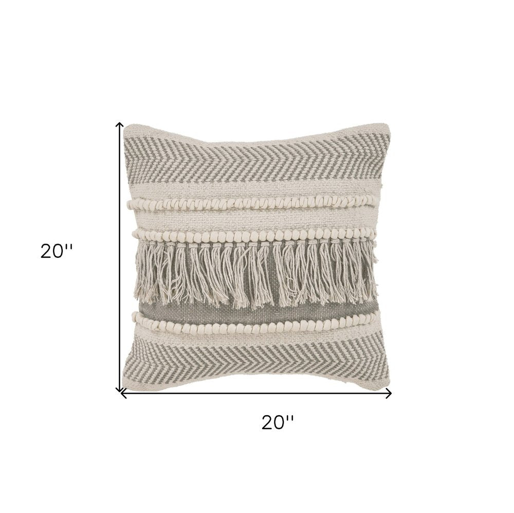 Set of Two Beige Striped Cotton Throw Pillow With Fringe on a white background