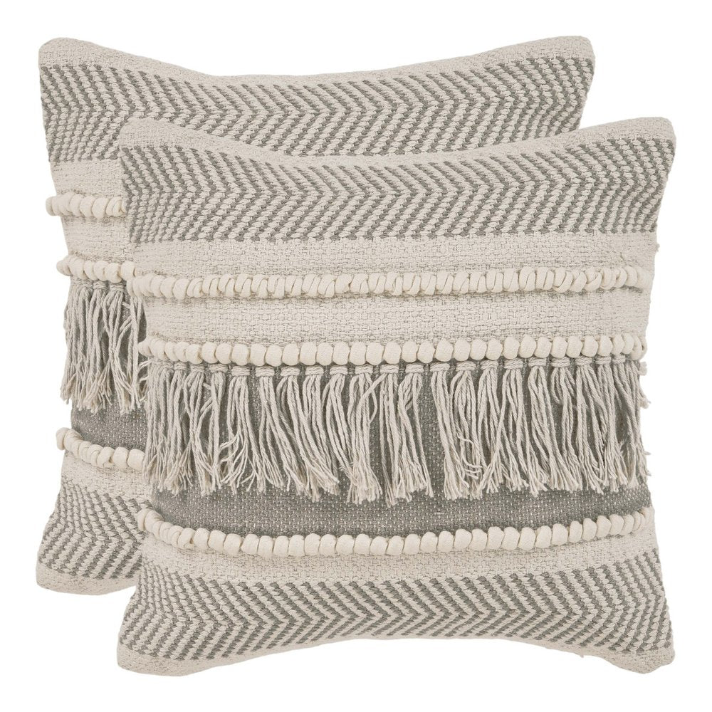 Set of Two Beige Striped Cotton Throw Pillow With Fringe on a white background