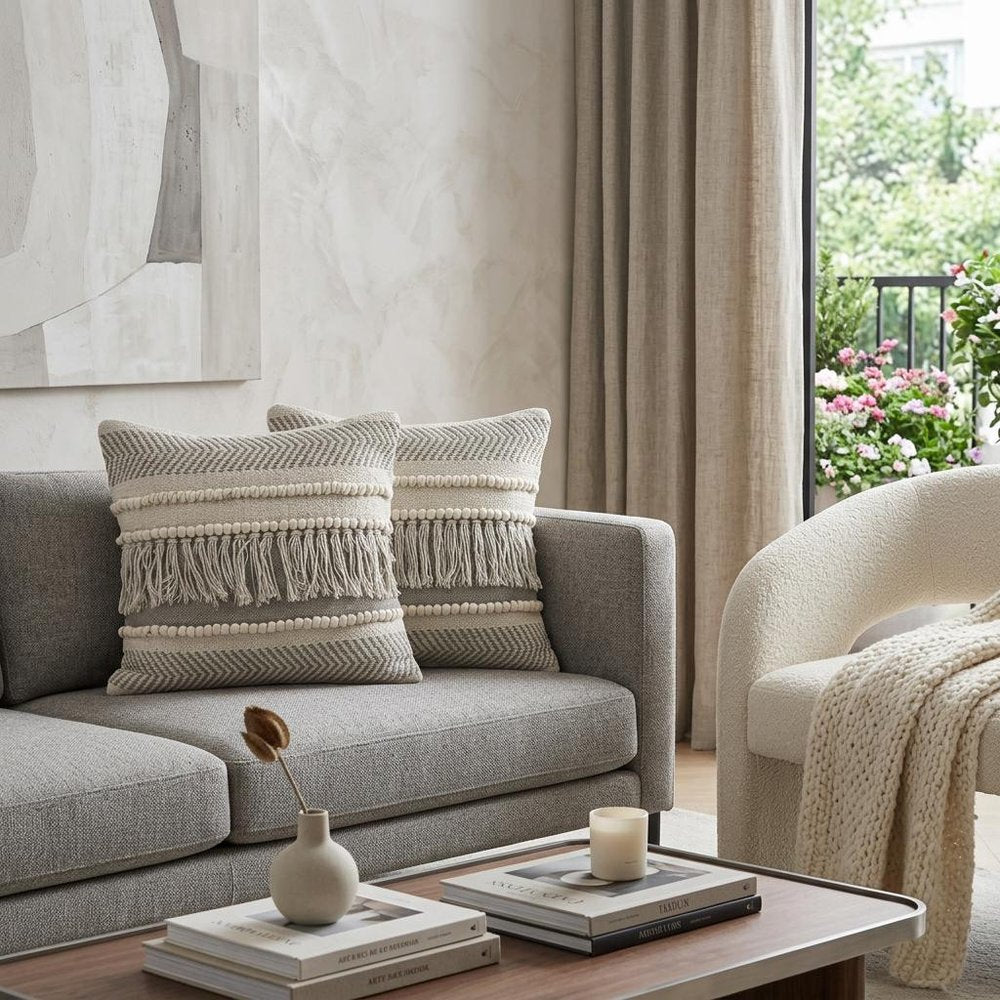 Set of Two Beige Striped Cotton Throw Pillow With Fringe in a home interior