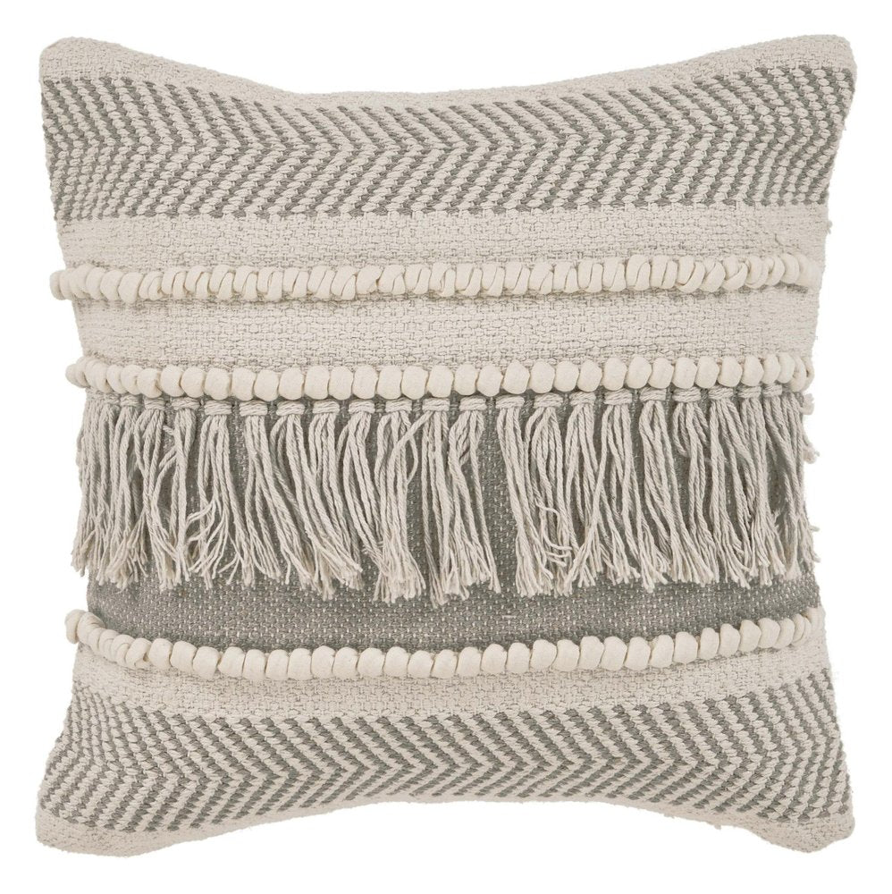 Set of Two Beige Striped Cotton Throw Pillow With Fringe on a white background