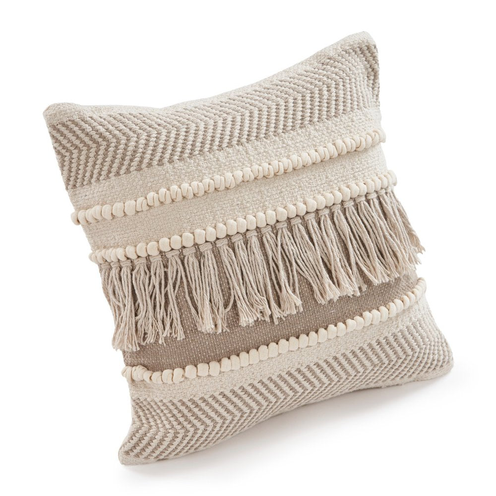 Set of Two Beige Striped Cotton Throw Pillow With Fringe on a white background