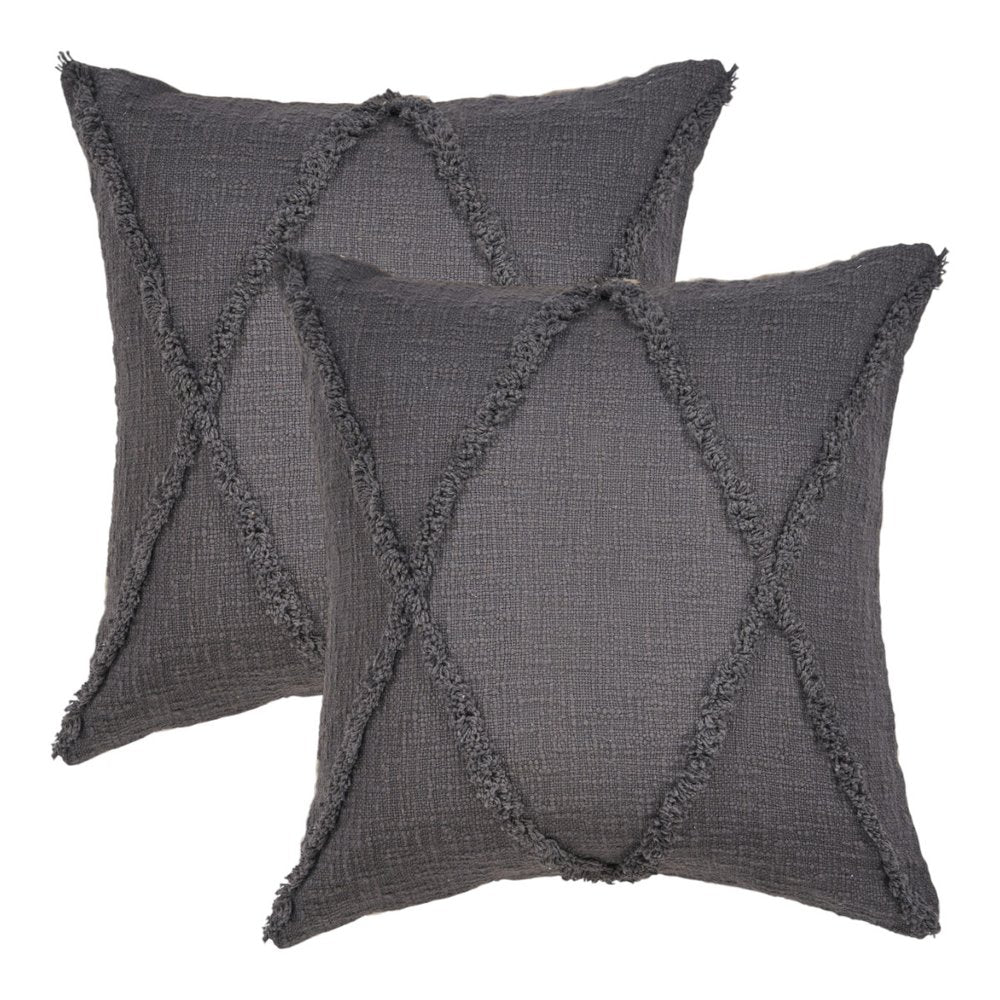 Set of Two Dark Gray Diamond Cotton Throw Pillow With Fringe on a white background