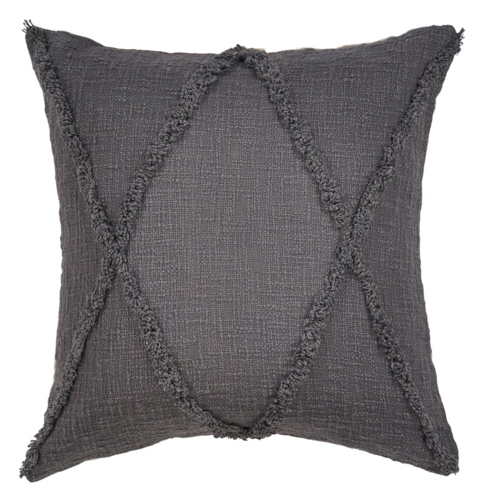 Set of Two Dark Gray Diamond Cotton Throw Pillow With Fringe on a white background