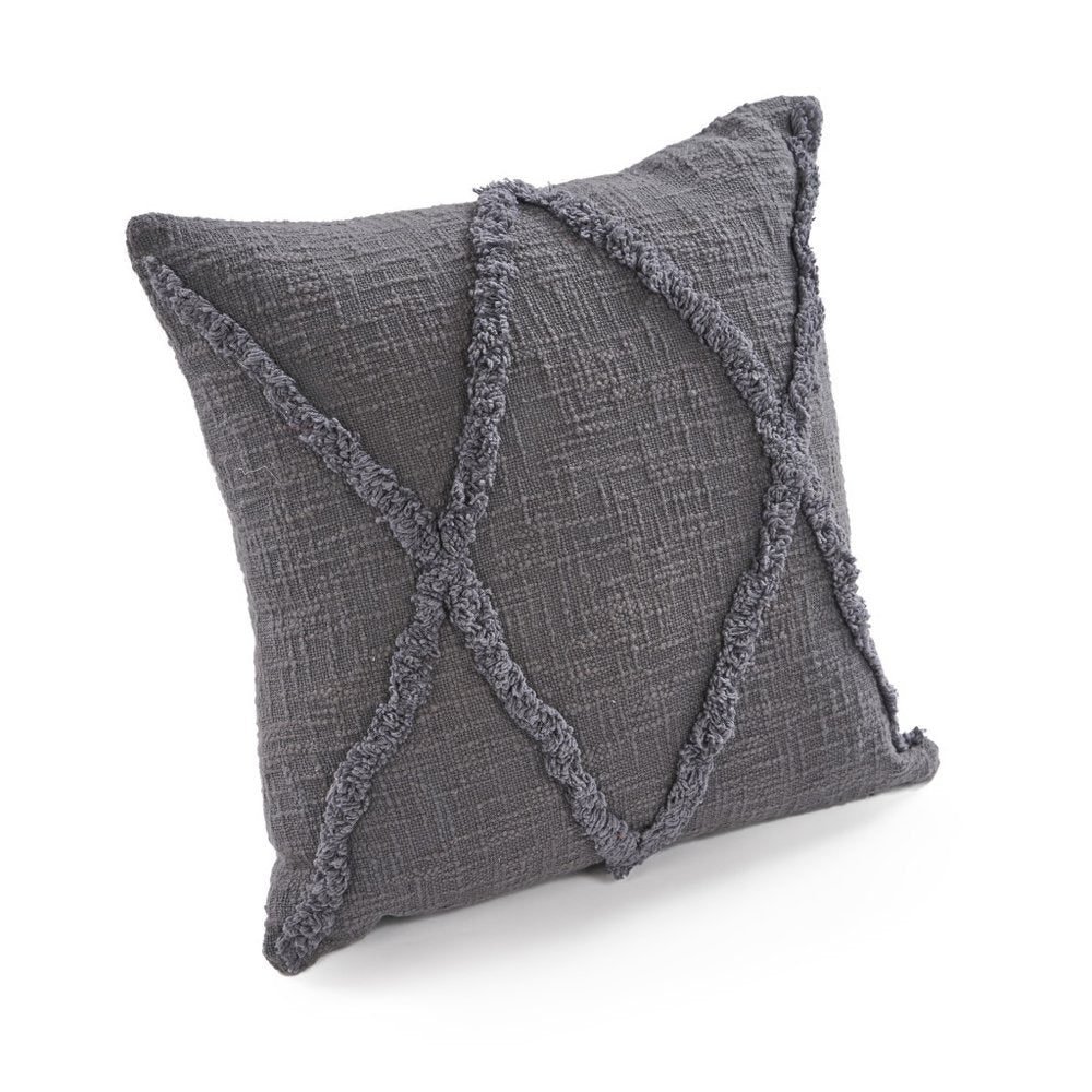 Set of Two Dark Gray Diamond Cotton Throw Pillow With Fringe on a white background