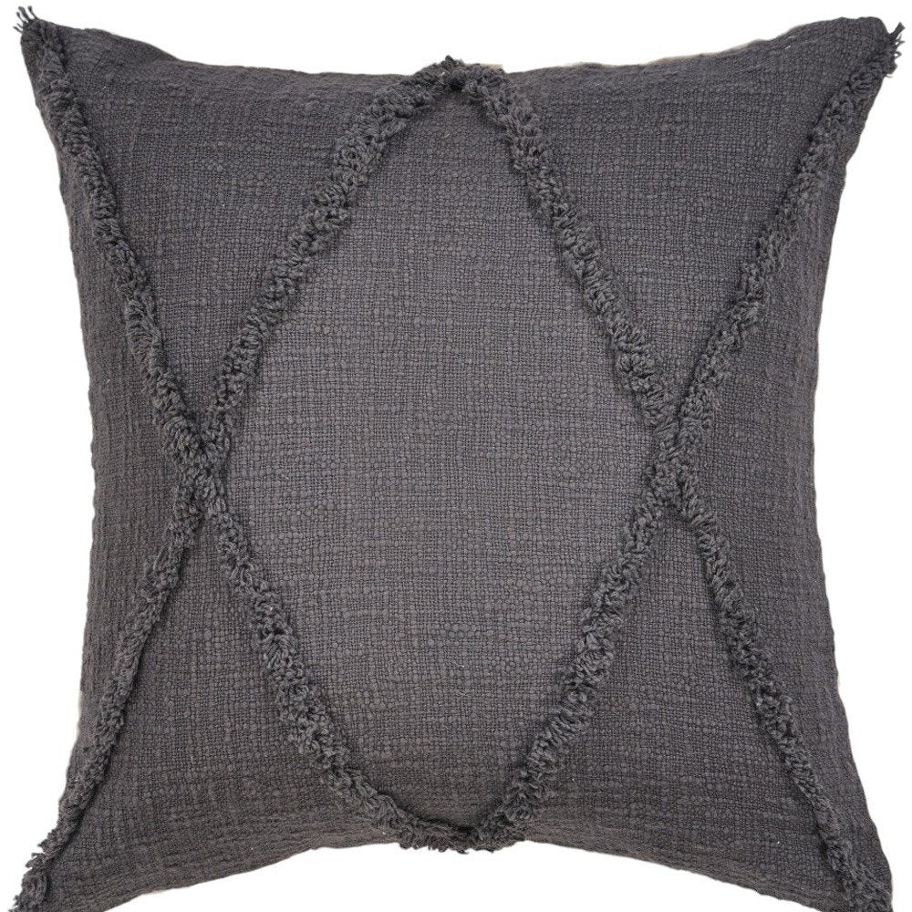 Set of Two Dark Gray Diamond Cotton Throw Pillow With Fringe on a white background