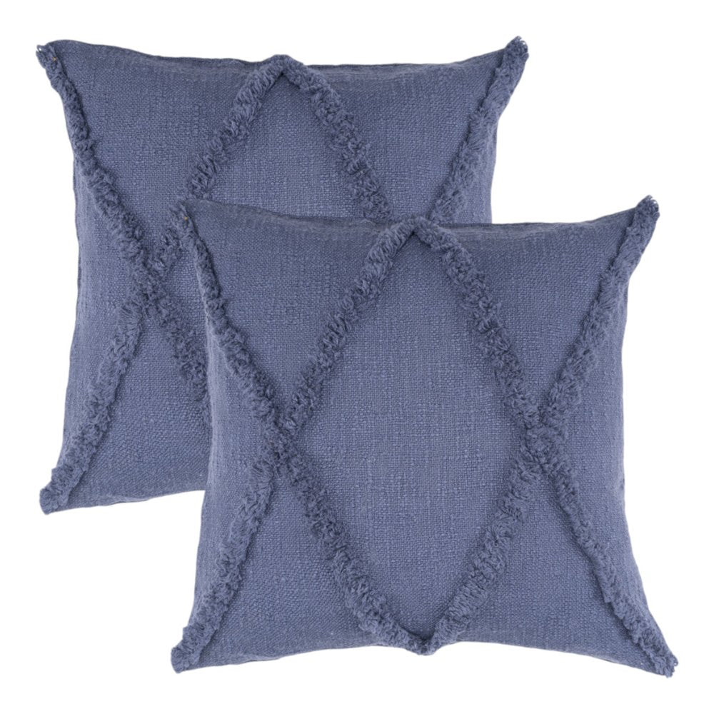 Set of Two Blue Diamond Cotton Throw Pillow With Fringe on a white background